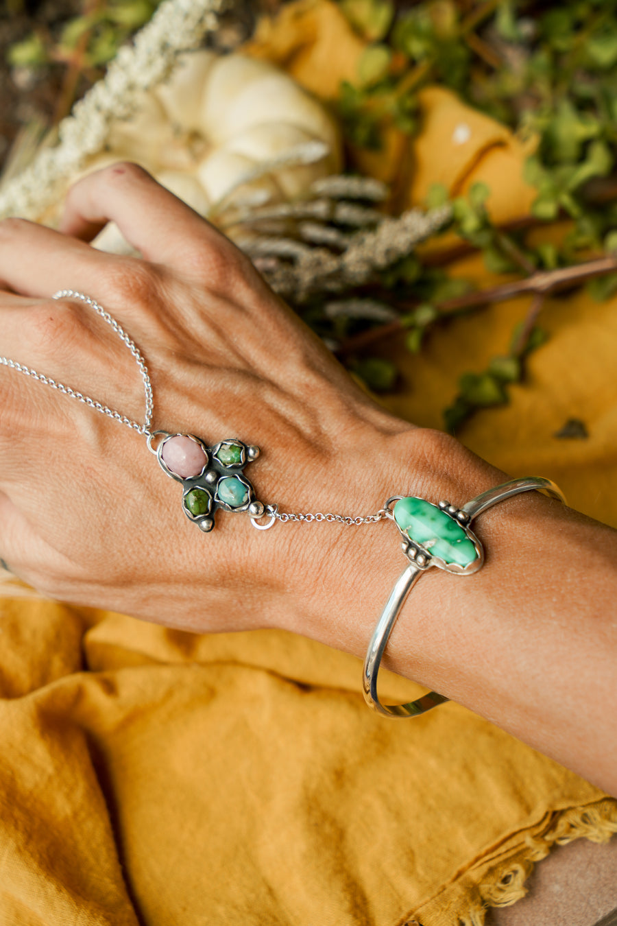 Kavaca Hand Chain in Pink Opal, Sonoran Gold, & Golden Hills Turquoise