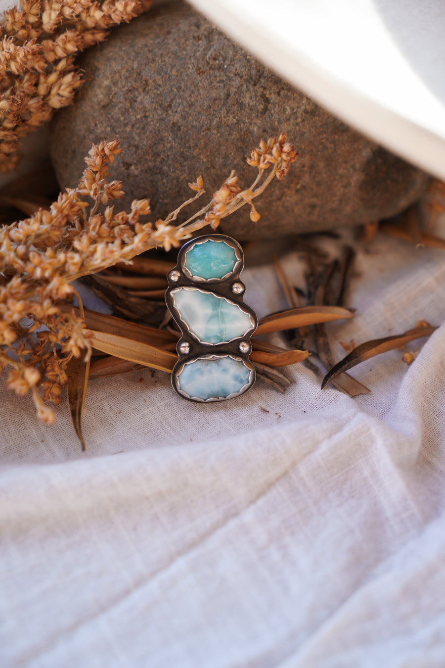 The Cairn Ring in Larimar and Amazonite (Size 7.5)