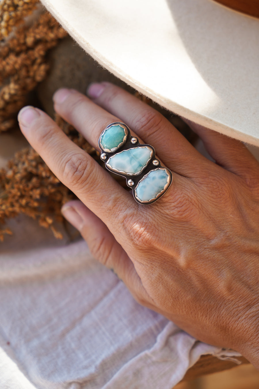 The Cairn Ring in Larimar and Amazonite (Size 7.5)