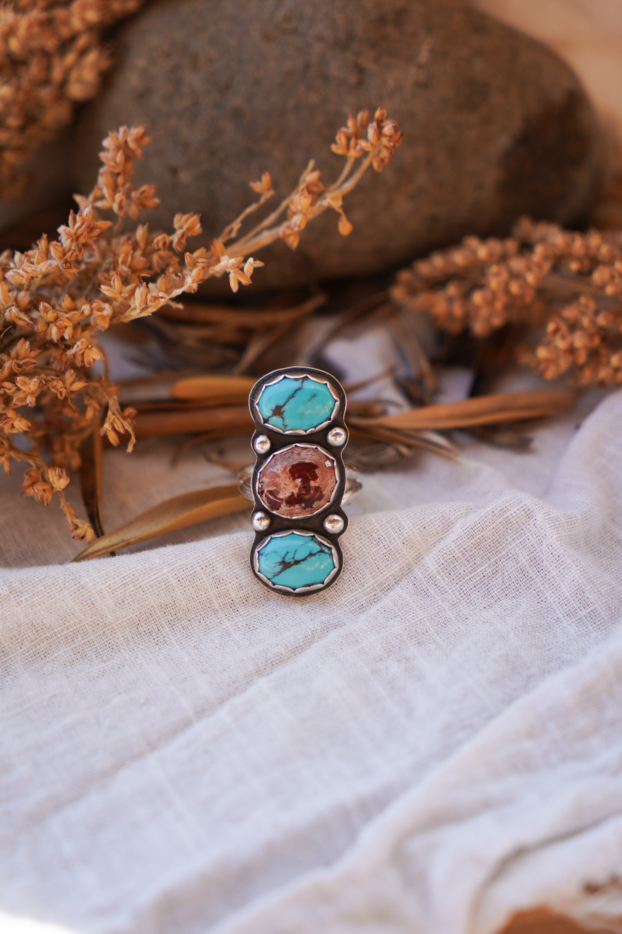 The Cairn Ring in Mexican Fire Opal & Egyptian Turquoise (Size 9.5)