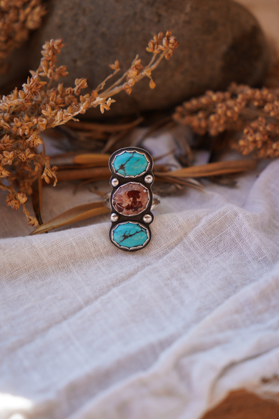 The Cairn Ring in Mexican Fire Opal & Egyptian Turquoise (Size 9.5)