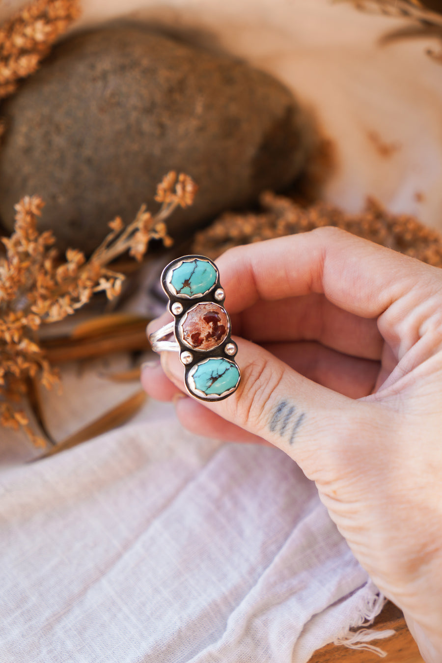 The Cairn Ring in Mexican Fire Opal & Egyptian Turquoise (Size 9.5)