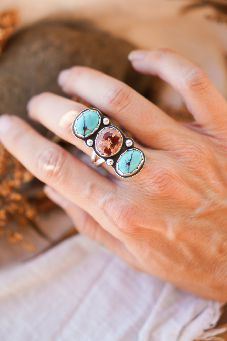The Cairn Ring in Mexican Fire Opal & Egyptian Turquoise (Size 9.5)