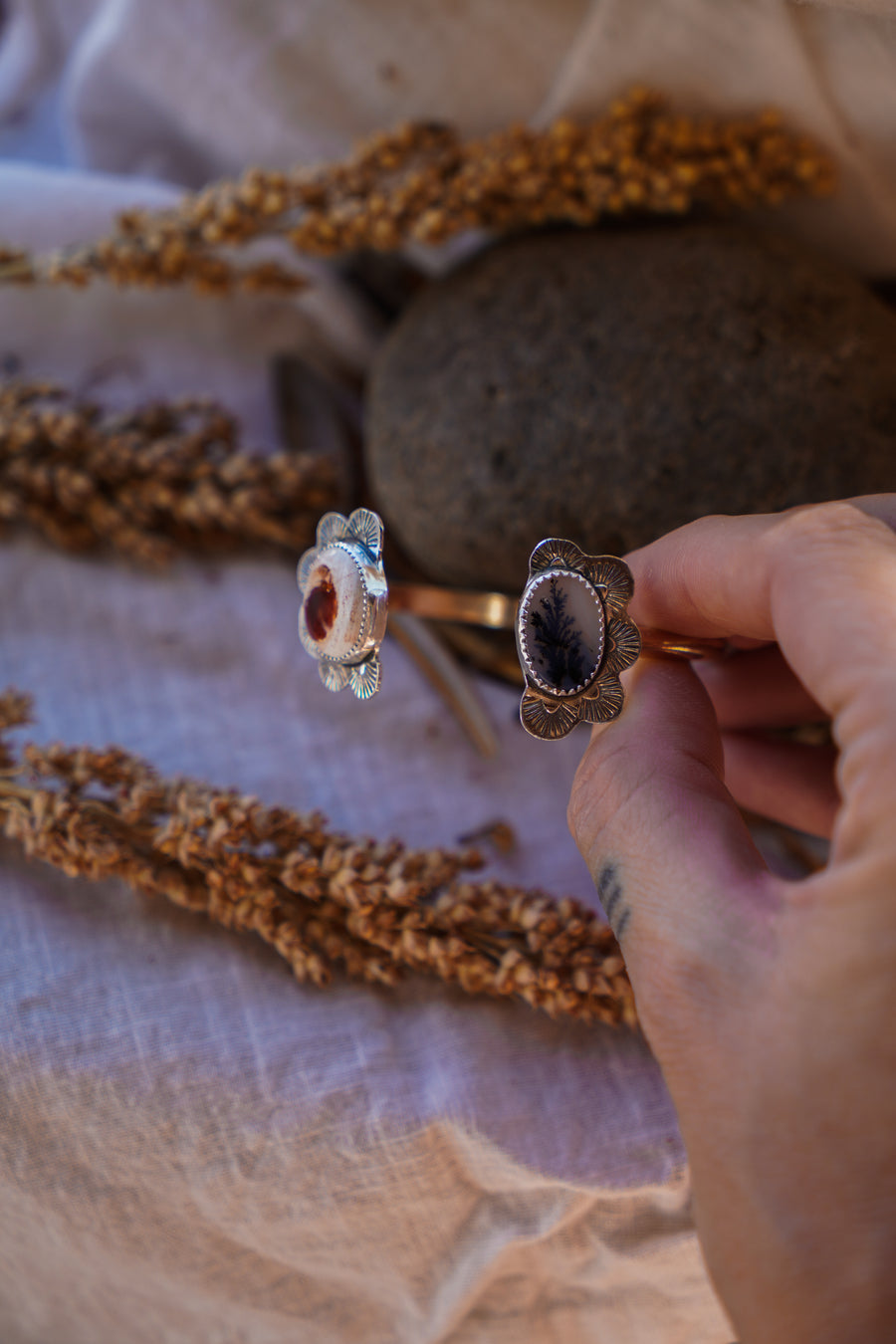 Canyon Wrap Cuff in Mexican Fire Opal & Dendritic Agate in Gold-Fill