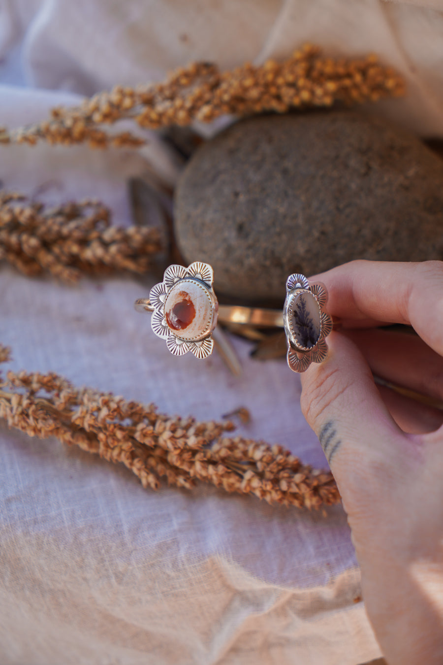 Canyon Wrap Cuff in Mexican Fire Opal & Dendritic Agate in Gold-Fill