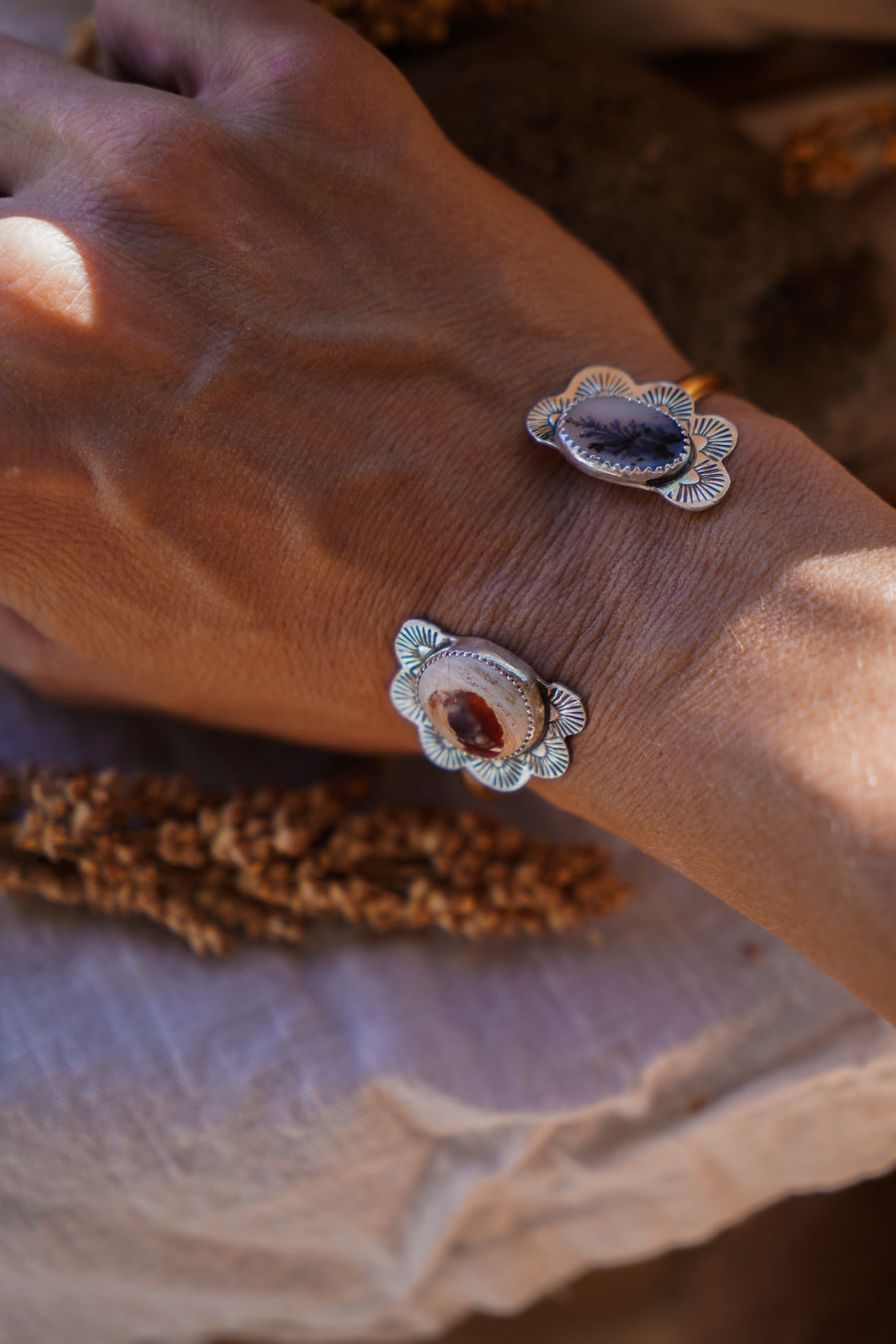 Canyon Wrap Cuff in Mexican Fire Opal & Dendritic Agate in Gold-Fill