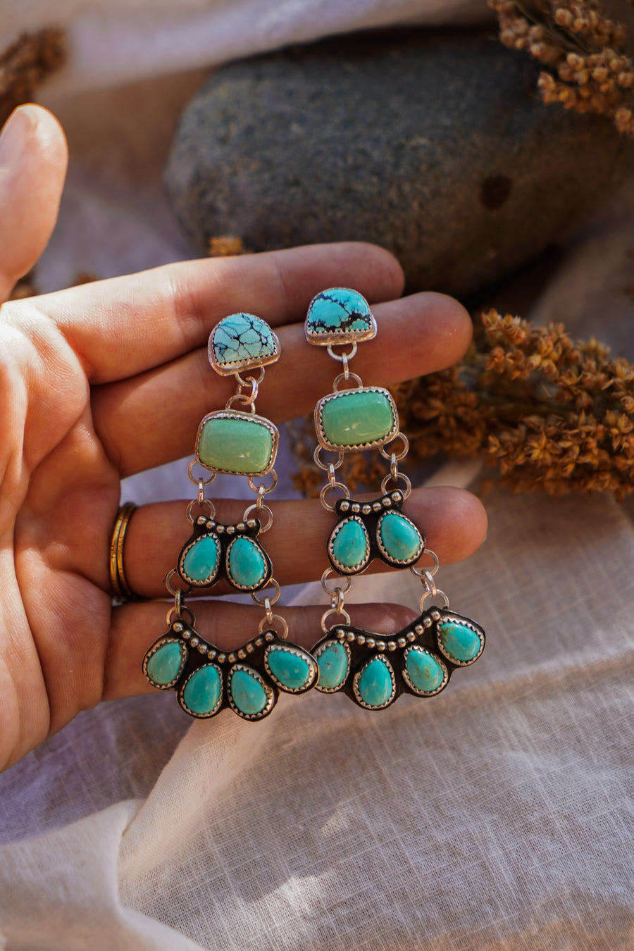 Statement Earrings in Yungai, Crysophase, & Campitos Turquoise