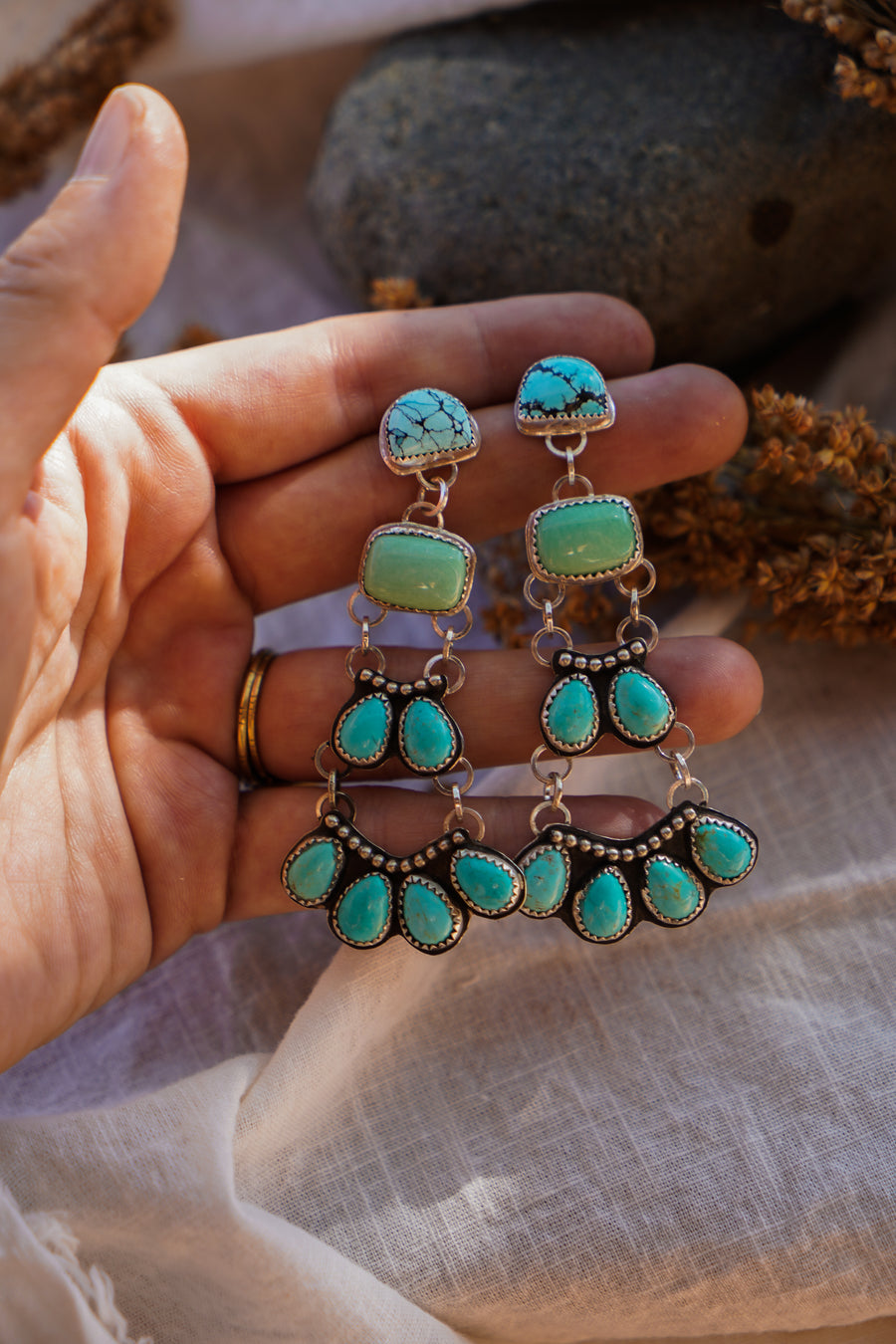 Statement Earrings in Yungai, Crysophase, & Campitos Turquoise