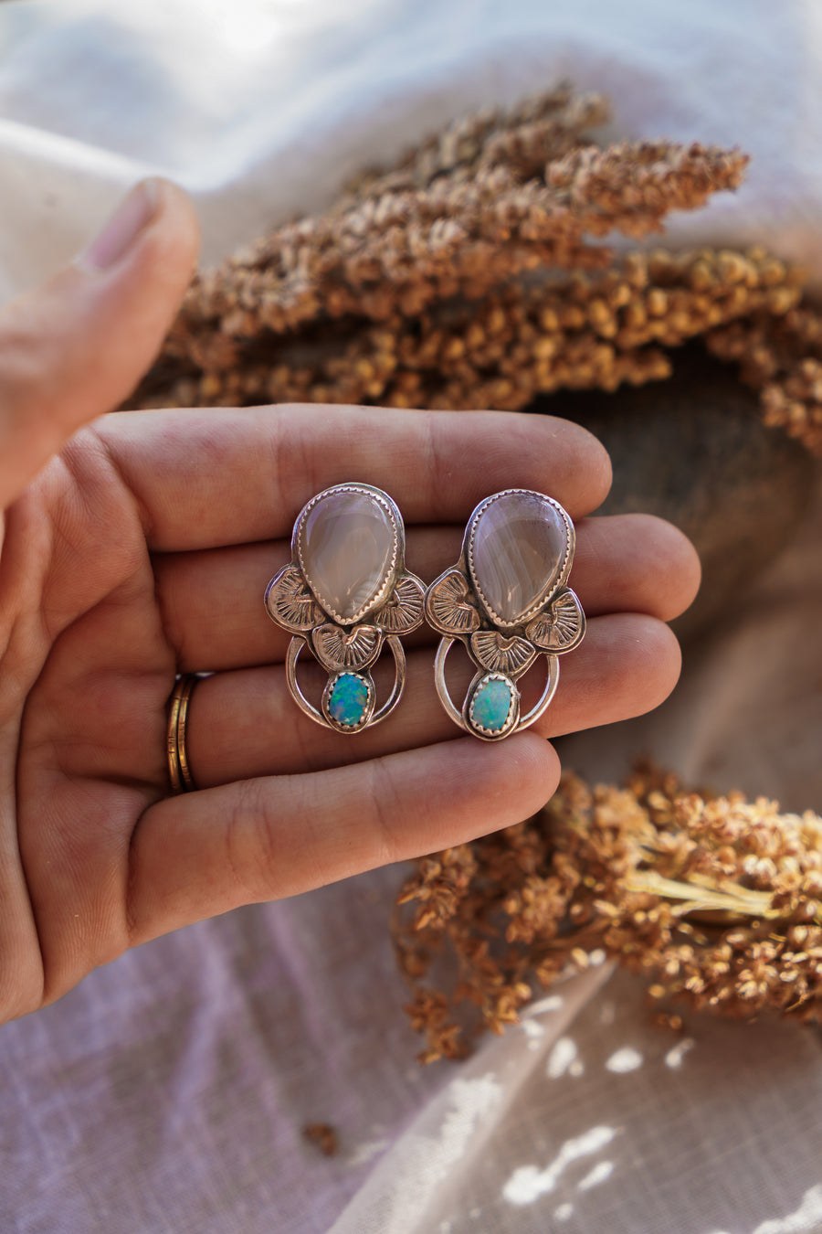 Strawberry Moon Rising Studs with Agate & Opal