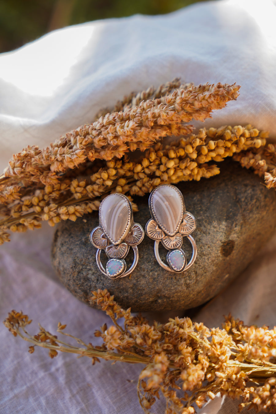 Strawberry Moon Rising Studs with Agate & Opal