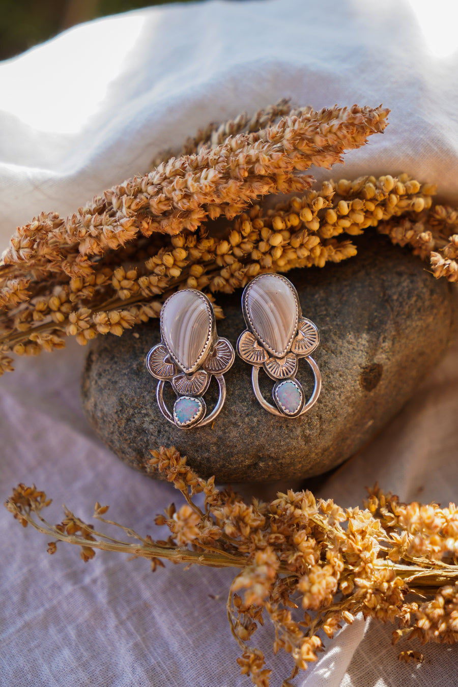 Strawberry Moon Rising Studs with Agate & Opal