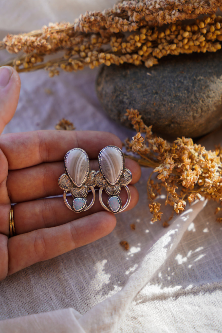 Strawberry Moon Rising Studs with Agate & Opal