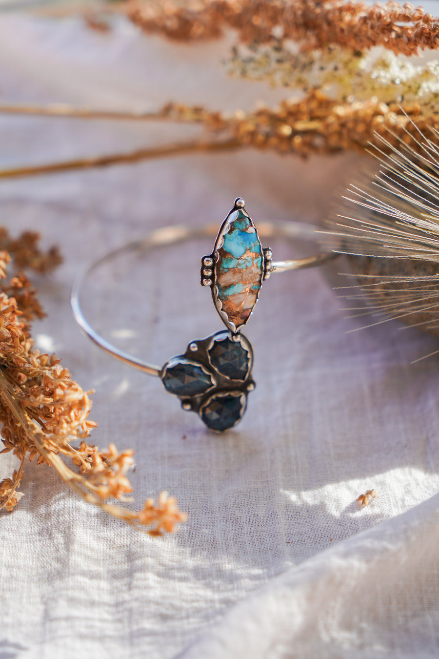 The Boho Arm Band in Spiny Oyster w/ Kingman Turquoise & Blue Kyanite