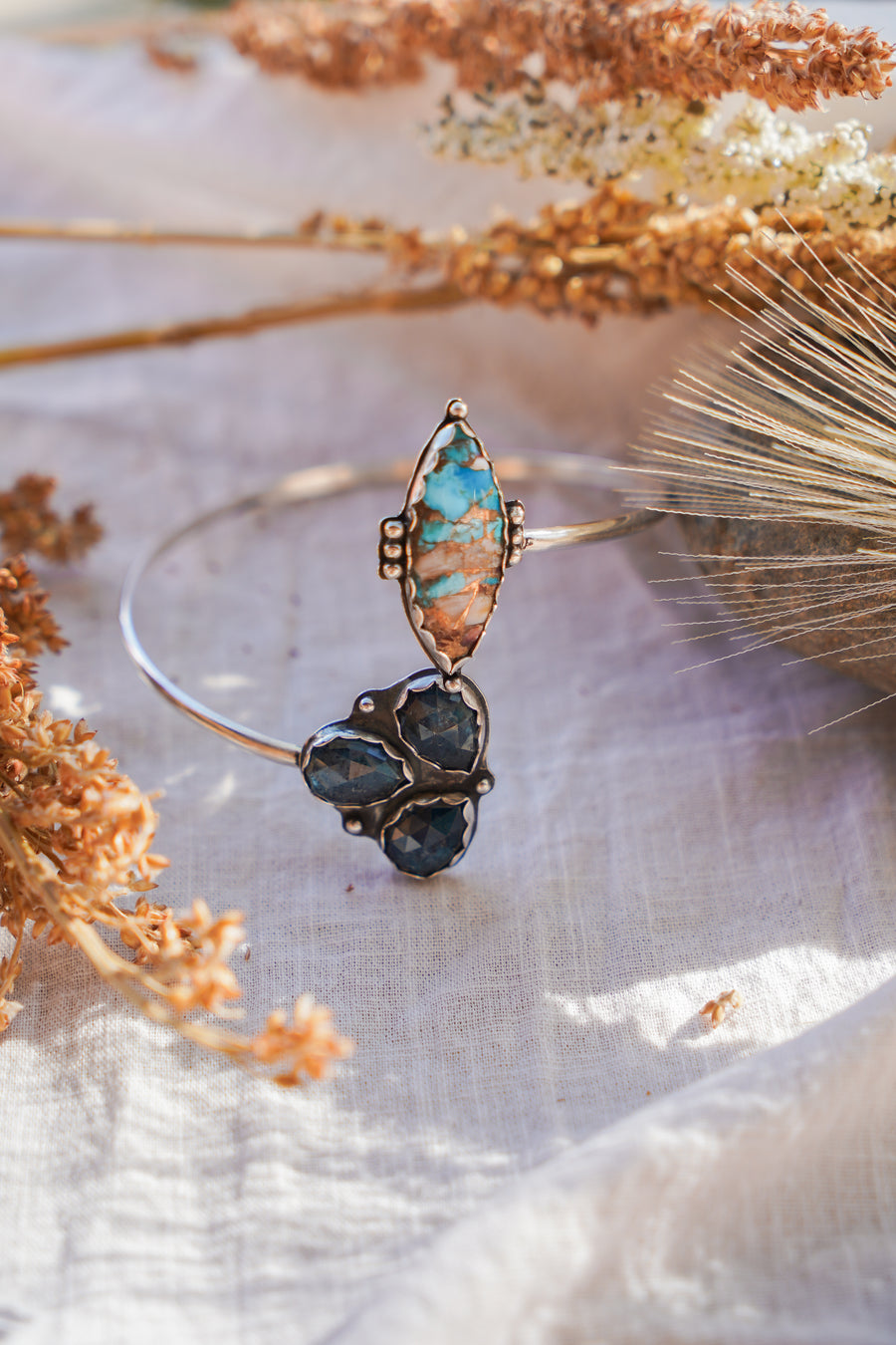The Boho Arm Band in Spiny Oyster w/ Kingman Turquoise & Blue Kyanite