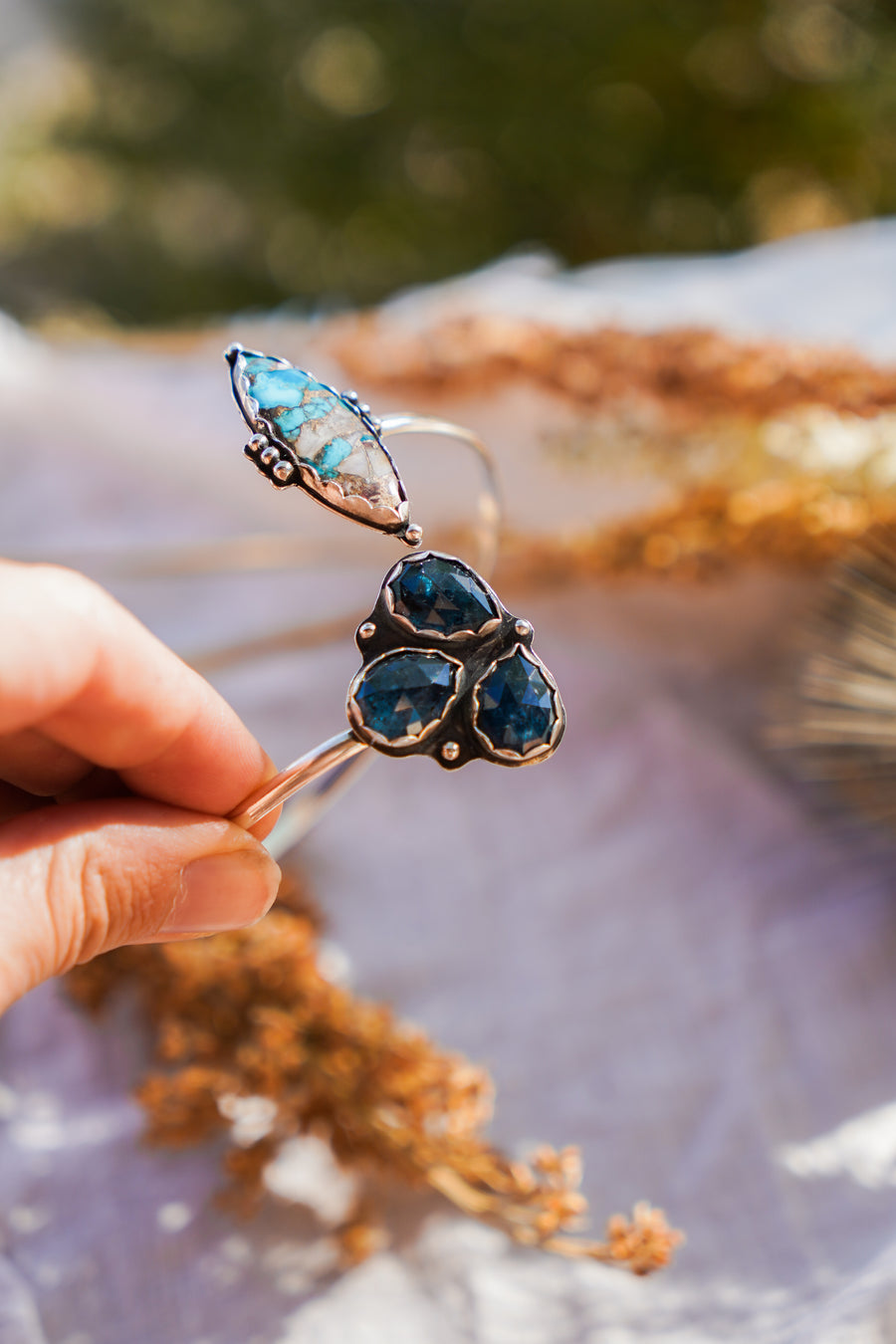 The Boho Arm Band in Spiny Oyster w/ Kingman Turquoise & Blue Kyanite