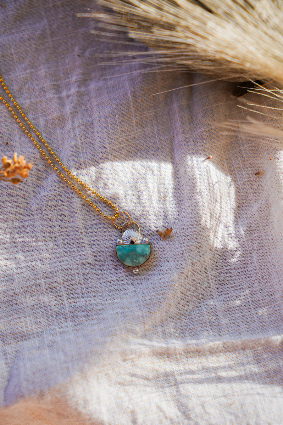 The Golden Hour Necklaces in 14K Gold, Sterling Silver, Gold-Fill with Broken Arrow Variscite