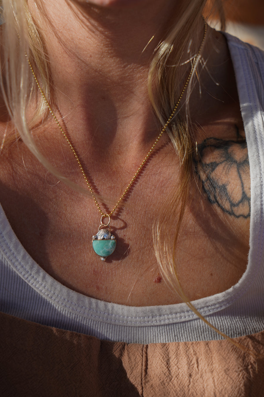 The Golden Hour Necklaces in 14K Gold, Sterling Silver, Gold-Fill with Broken Arrow Variscite
