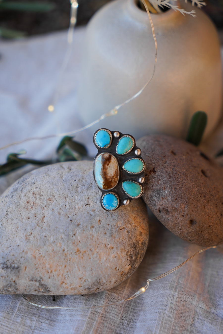 Sun Flair Ring in Royston Ribbon, Blue Ridge, & Carico Lake Turquoise (Size 7.5)