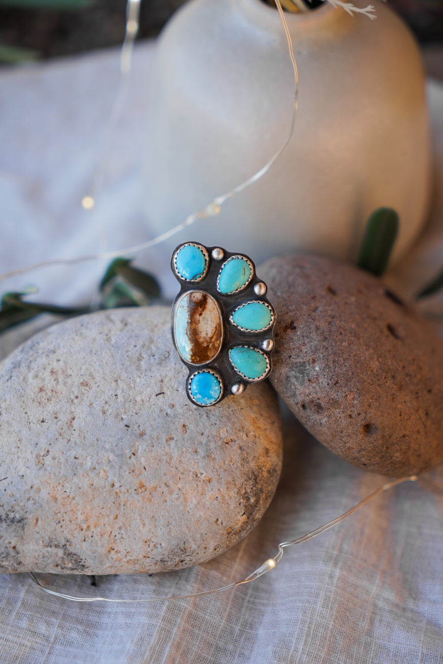 Sun Flair Ring in Royston Ribbon, Blue Ridge, & Carico Lake Turquoise (Size 7.5)