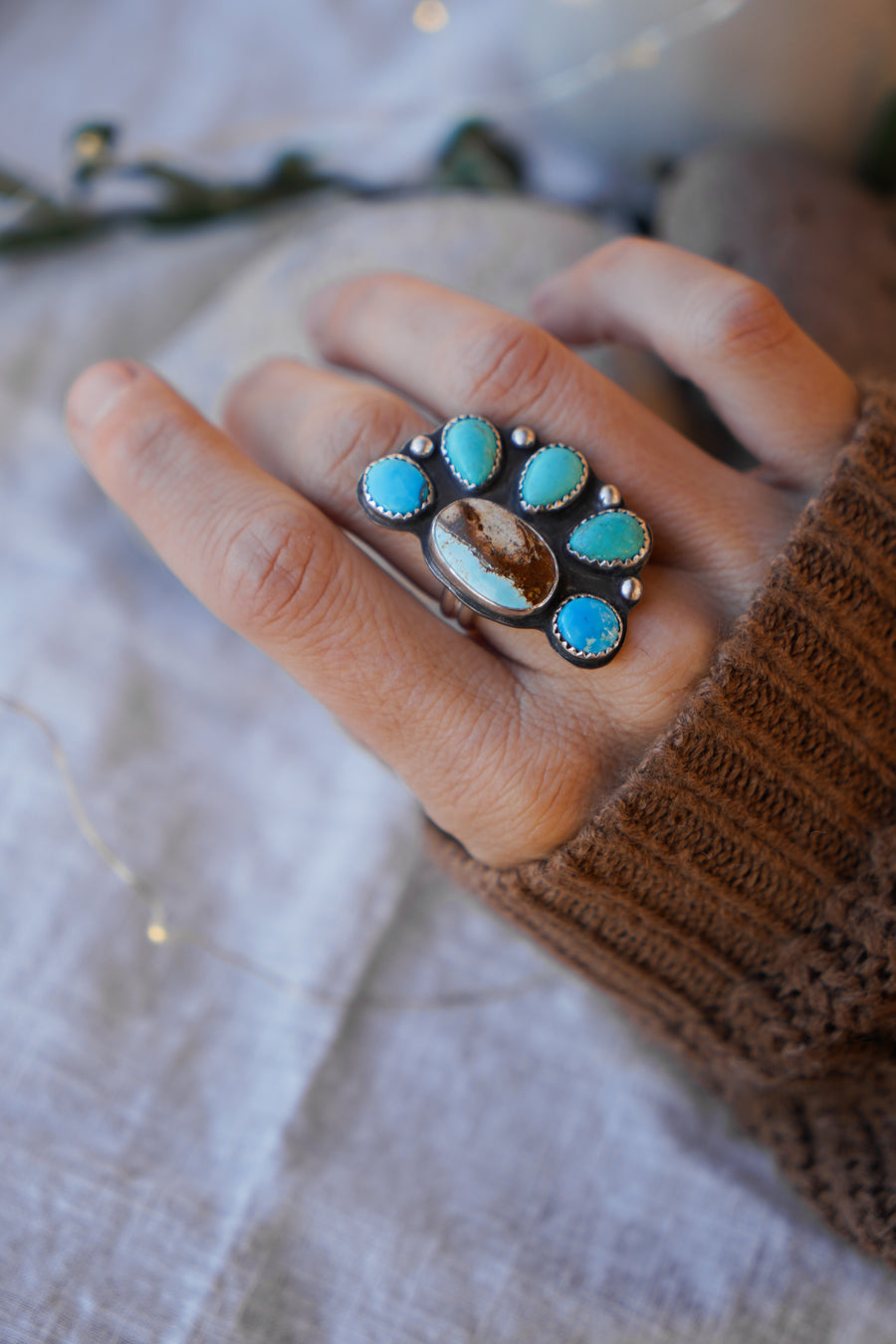 Sun Flair Ring in Royston Ribbon, Blue Ridge, & Carico Lake Turquoise (Size 7.5)