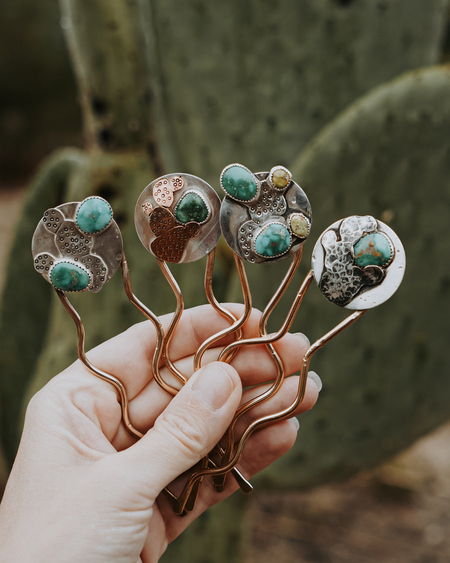 The Prickly Pear Hair Fork in Emerald Valley & Sonoran Gold Turqoise