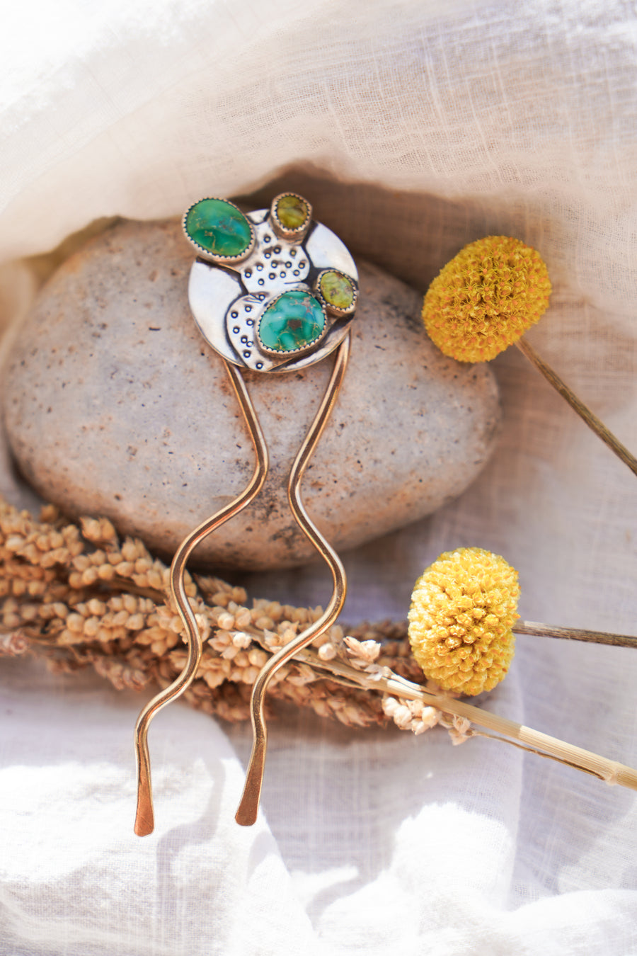 The Prickly Pear Hair Fork in Emerald Valley & Sonoran Gold Turqoise