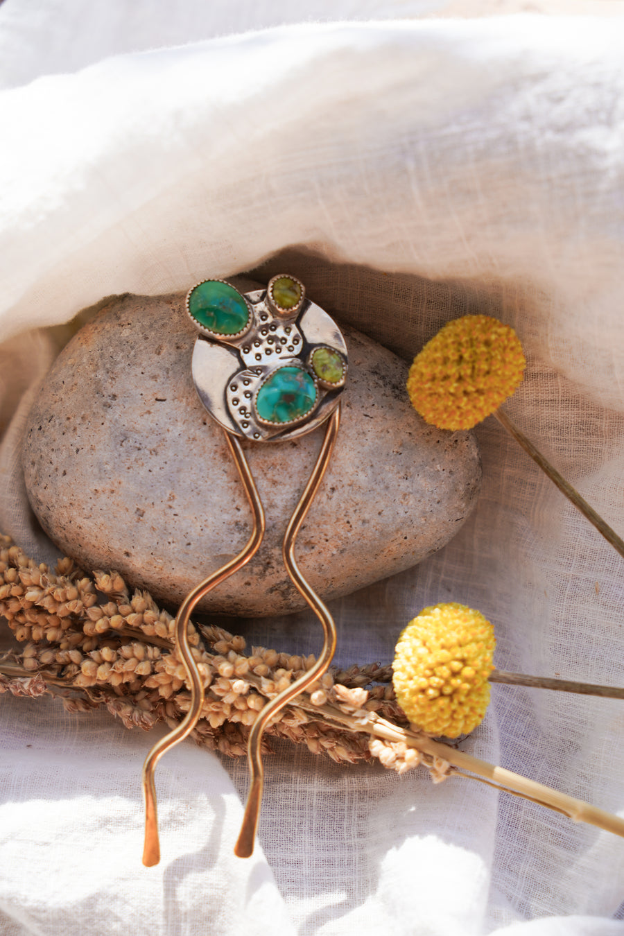 The Prickly Pear Hair Fork in Emerald Valley & Sonoran Gold Turqoise