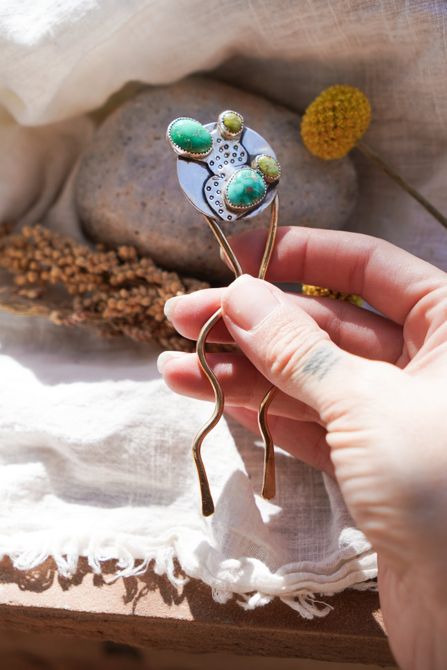 The Prickly Pear Hair Fork in Emerald Valley & Sonoran Gold Turqoise