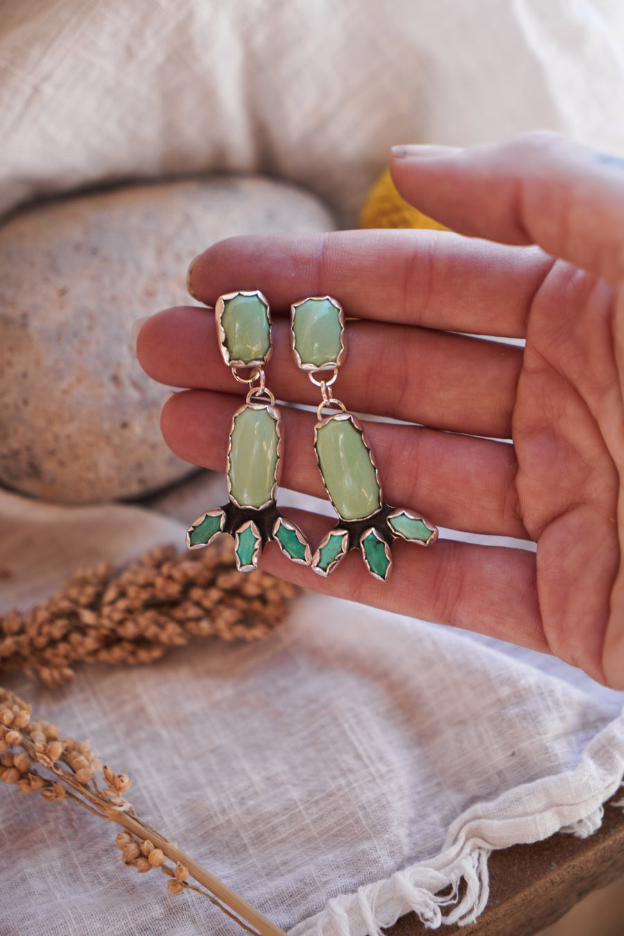 Dangle Stud Earrings in Chrsysoprase & Campitos