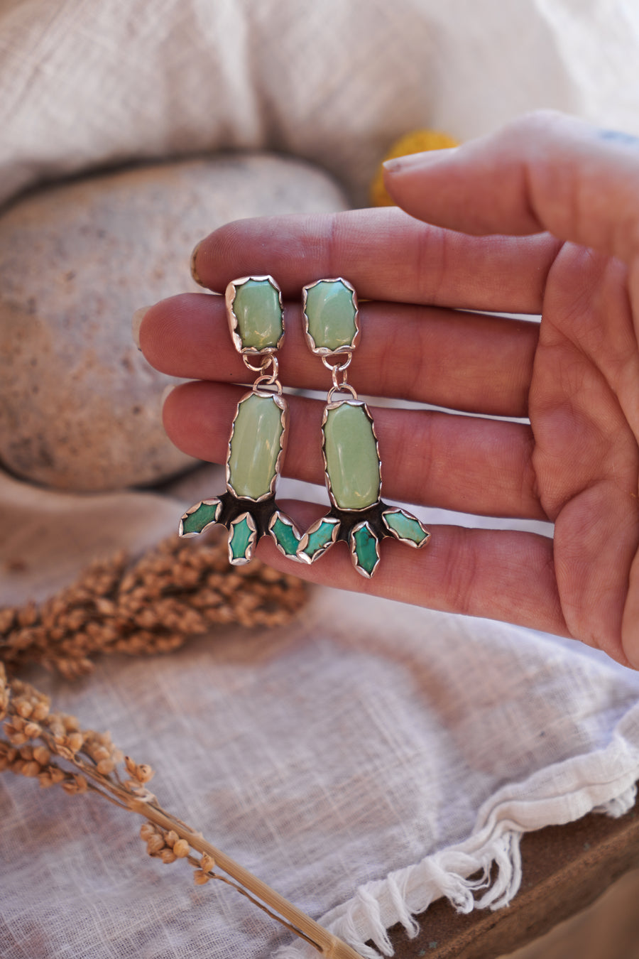 Dangle Stud Earrings in Chrsysoprase & Campitos