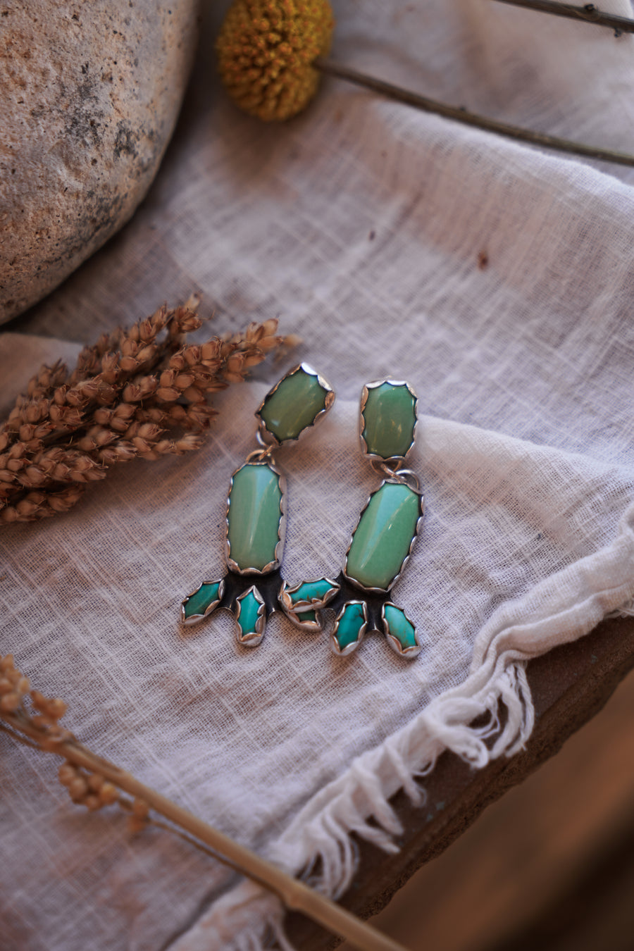 Dangle Stud Earrings in Chrsysoprase & Campitos