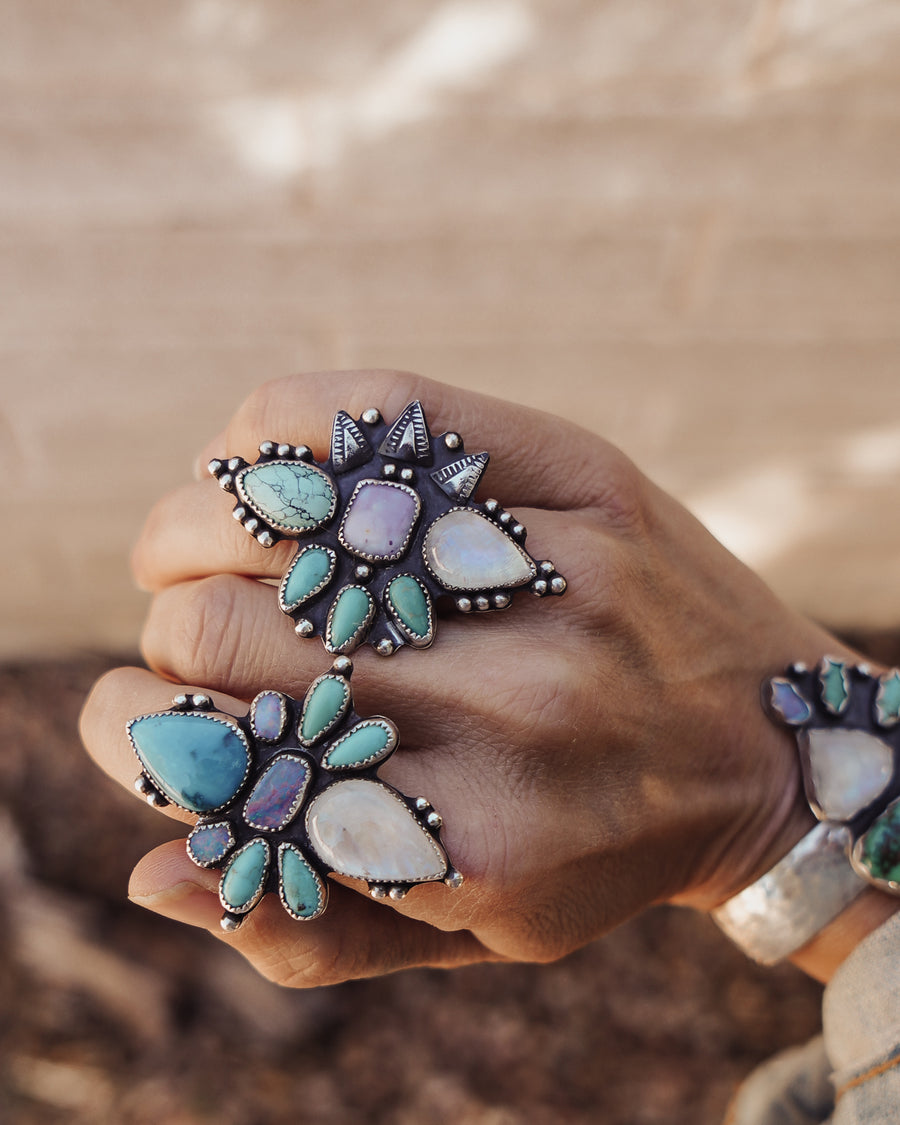 Statement Ring in Variscite, Purple Jasper, Campitos, & Moonstone (Size 7)