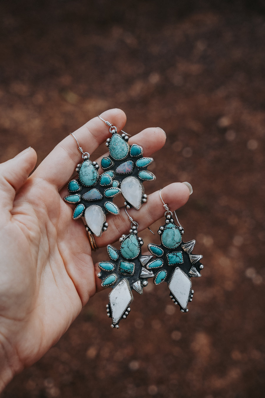 Statement Earrings in Moonstone, Campitos, Boulder Opal, Hubei, and Variscite Turquoise