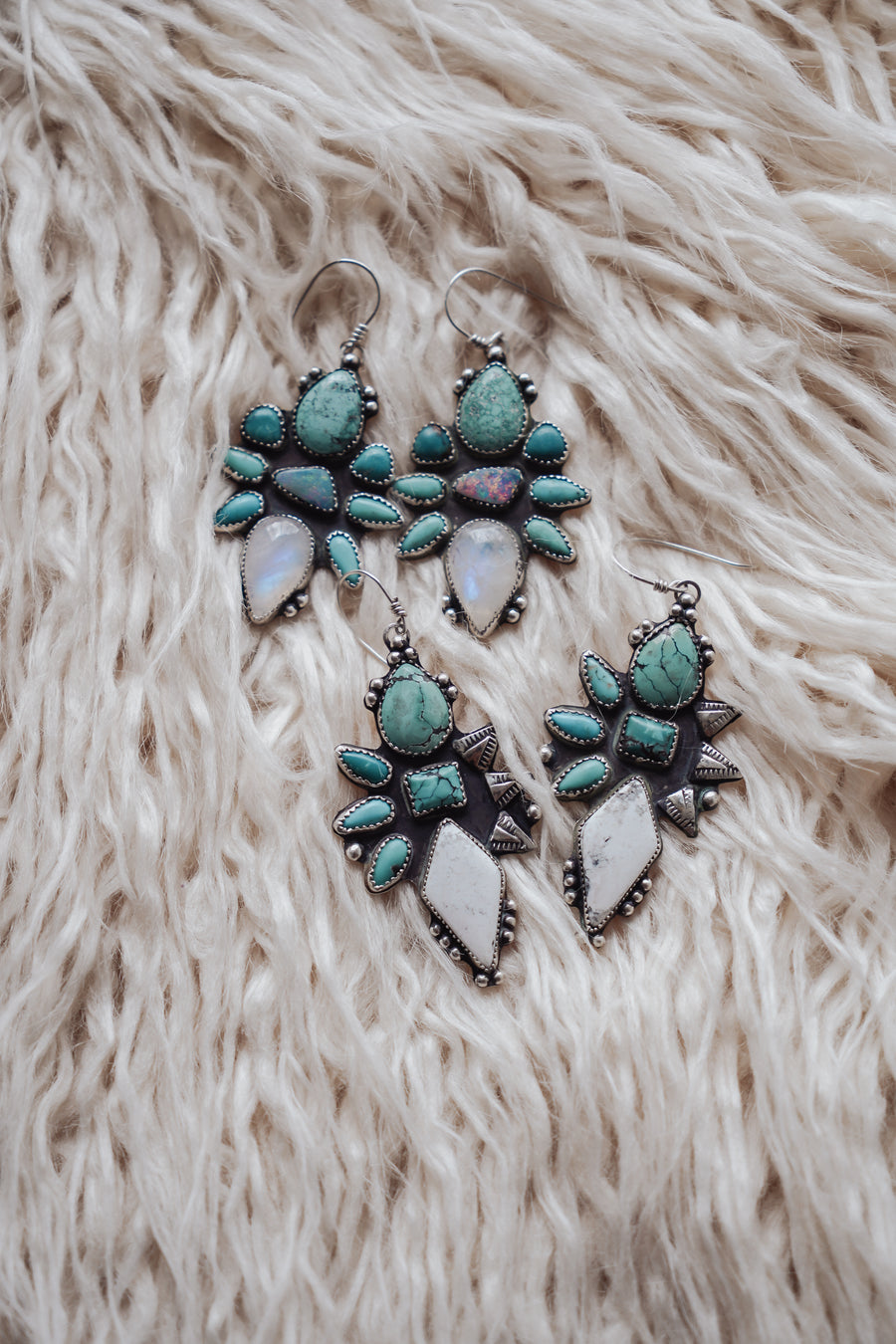 Statement Earrings in Moonstone, Campitos, Boulder Opal, Hubei, and Variscite Turquoise