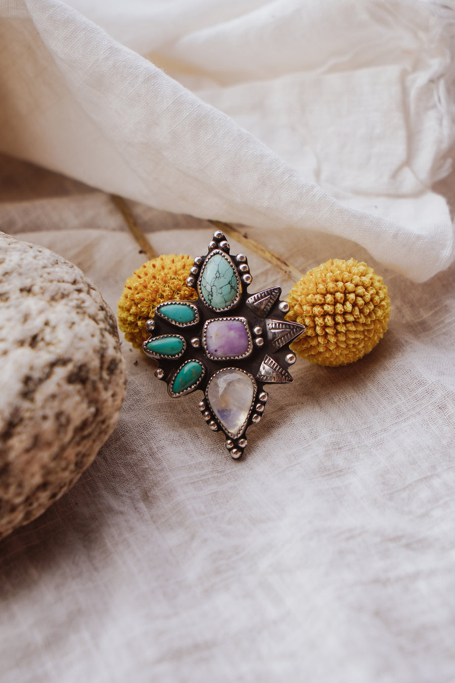 Statement Ring in Variscite, Purple Jasper, Campitos, & Moonstone (Size 7)