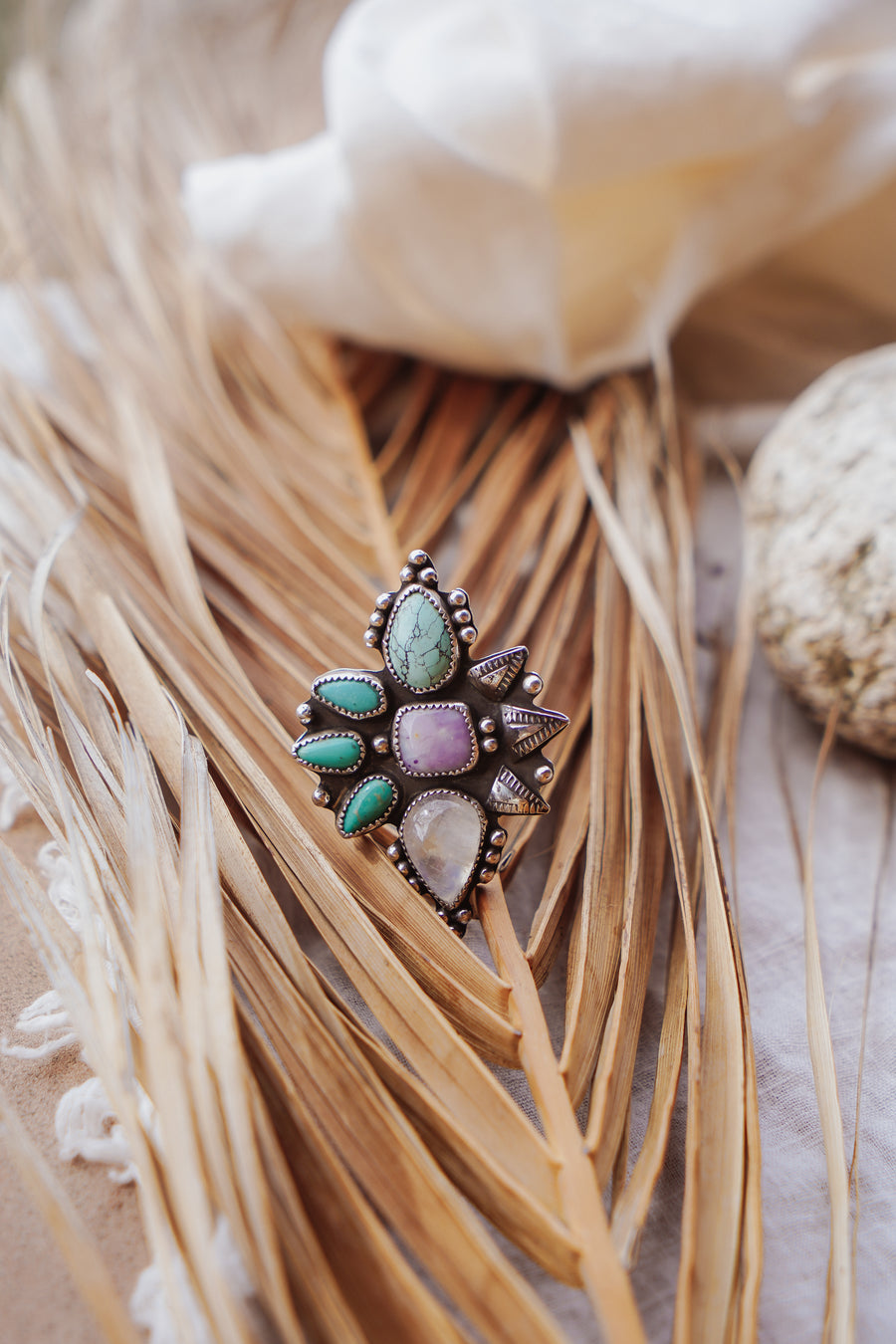 Statement Ring in Variscite, Purple Jasper, Campitos, & Moonstone (Size 7)