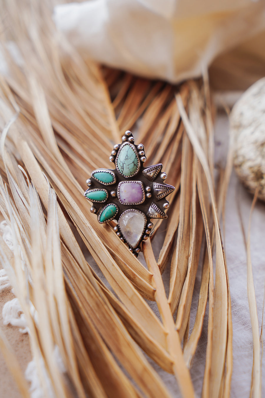 Statement Ring in Variscite, Purple Jasper, Campitos, & Moonstone (Size 7)