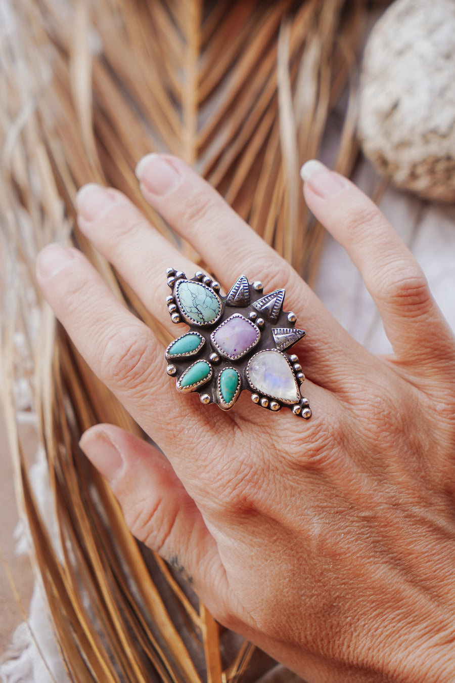 Statement Ring in Variscite, Purple Jasper, Campitos, & Moonstone (Size 7)