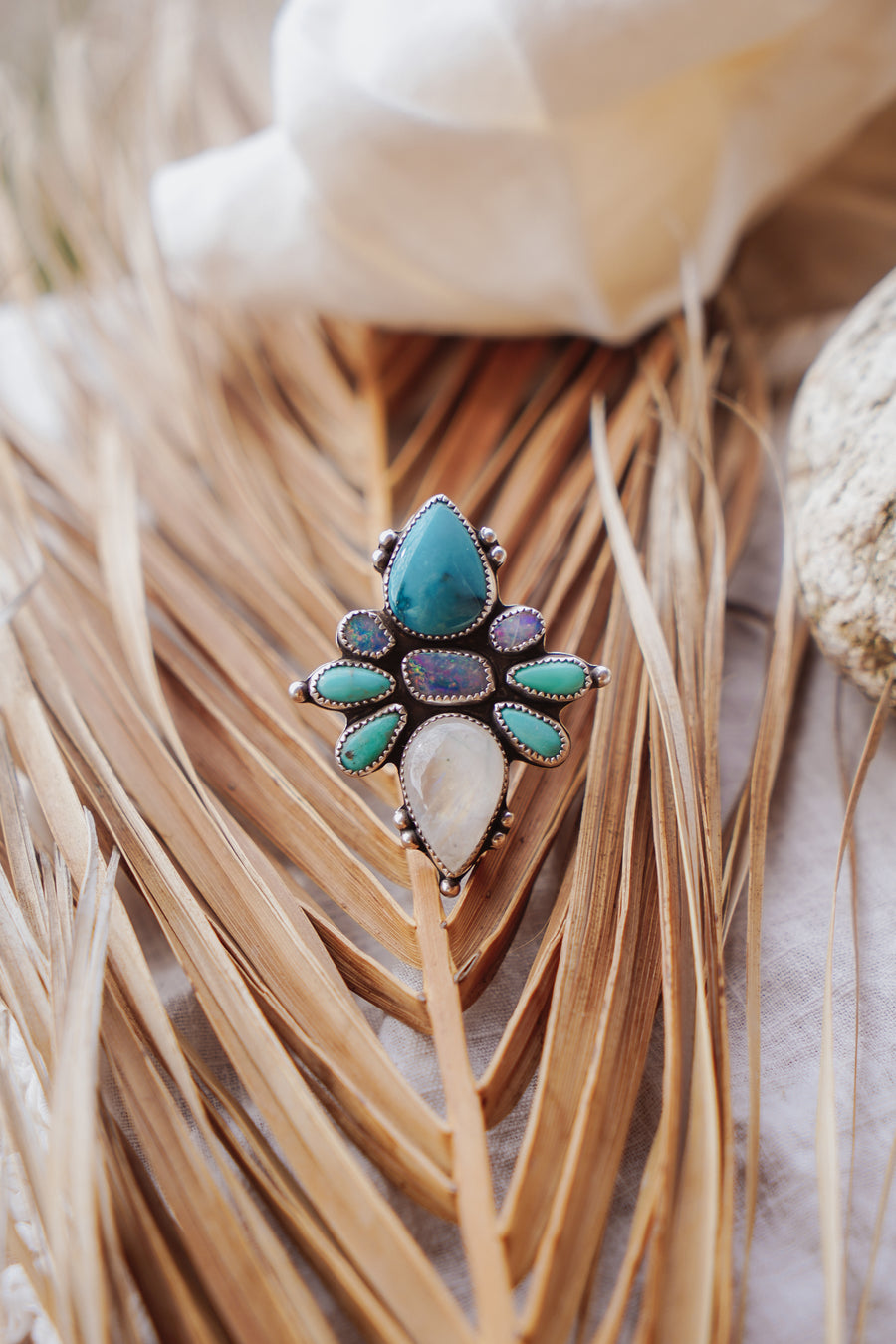 Statement Ring in Hubei, Campitos, Boulder Opal, & Moonstone (Size 7.5)
