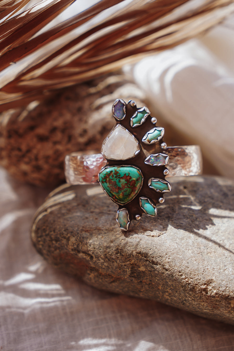 Statement Cuff in Rainbow Moonstone, Boulder Opal Doublets, Campitos, & Kingman Turquoise