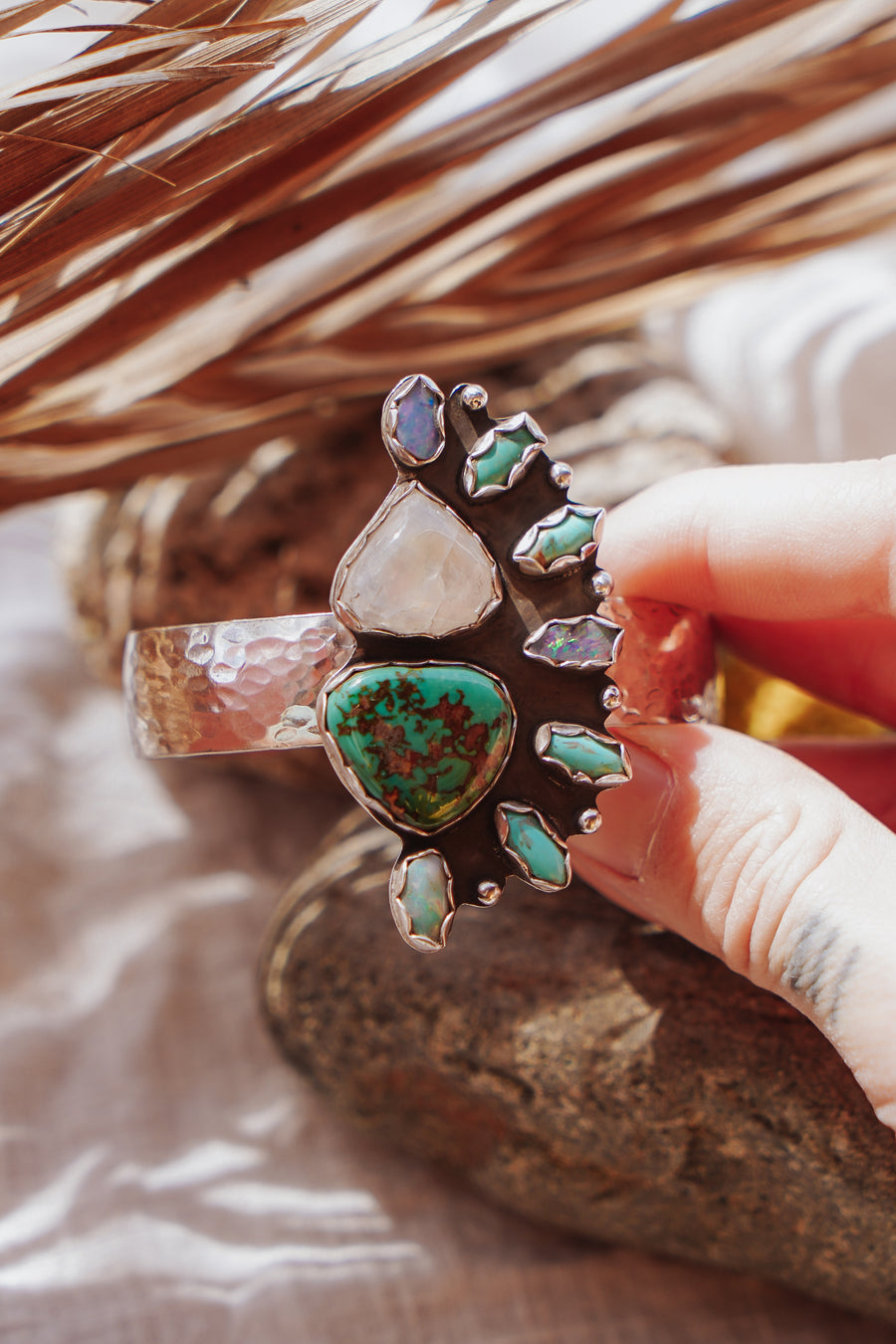 Statement Cuff in Rainbow Moonstone, Boulder Opal Doublets, Campitos, & Kingman Turquoise
