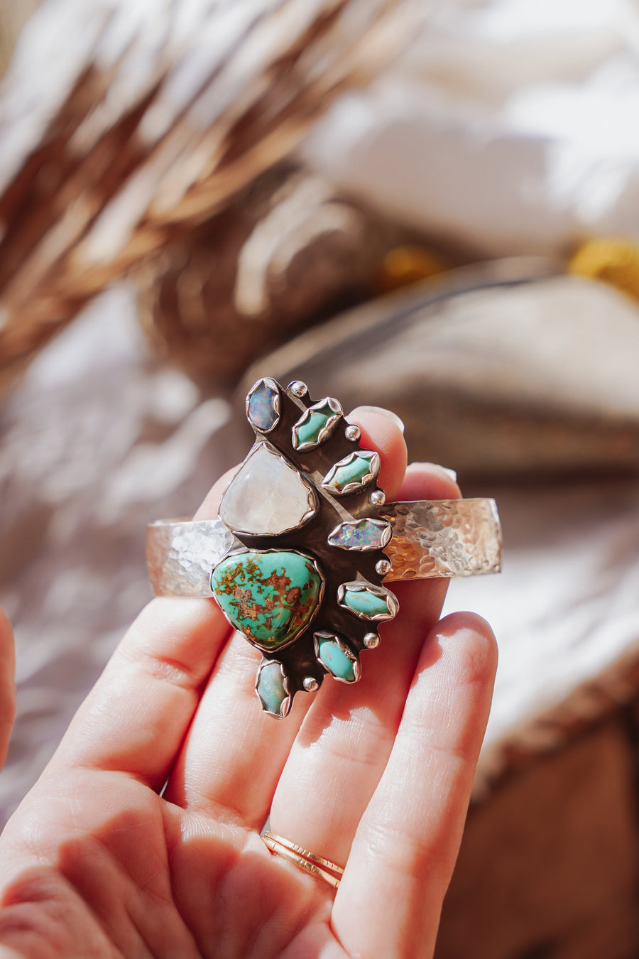 Statement Cuff in Rainbow Moonstone, Boulder Opal Doublets, Campitos, & Kingman Turquoise