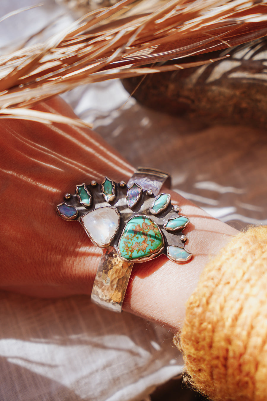 Statement Cuff in Rainbow Moonstone, Boulder Opal Doublets, Campitos, & Kingman Turquoise