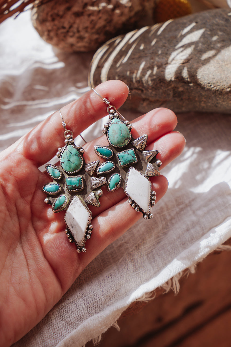 Statement Earrings in White Buffalo, Campitos, Hubei, and Variscite Turquoise