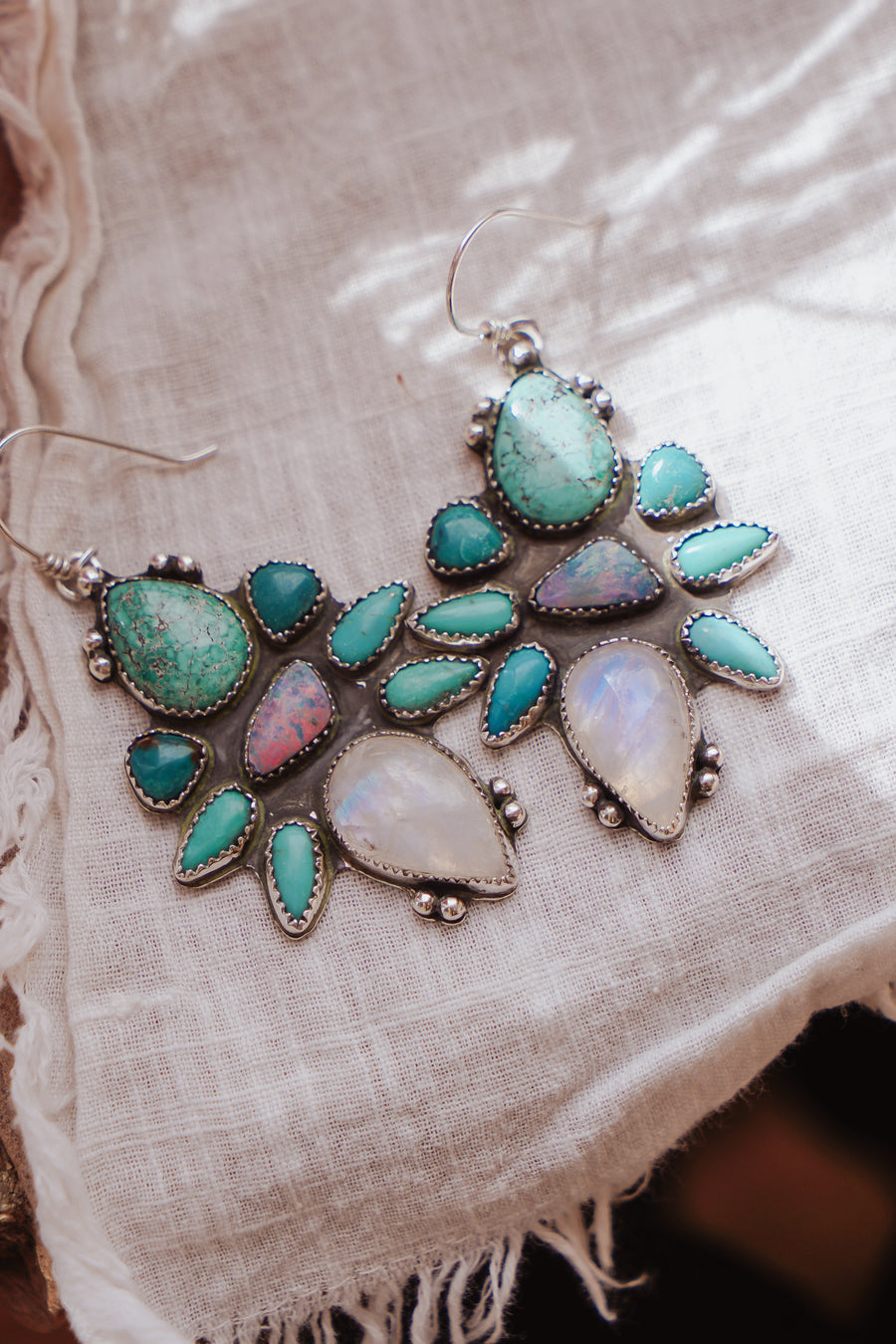 Statement Earrings in Moonstone, Campitos, Boulder Opal, Hubei, and Variscite Turquoise