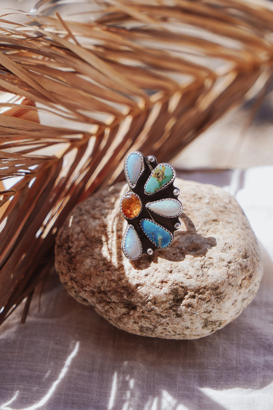 Sun Flair Ring in Sonoran Mountain, Blue Ridge, Amber, & Sterling Opal (Size 7)