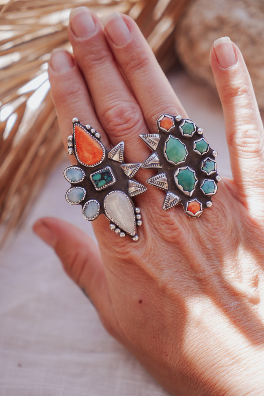 Statement Ring in Hubei Turquoise, Spiny Oyster, Larimar, & Rainbow Moonstone (Size 7.5)