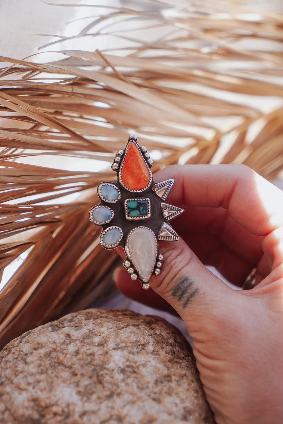 Statement Ring in Hubei Turquoise, Spiny Oyster, Larimar, & Rainbow Moonstone (Size 7.5)