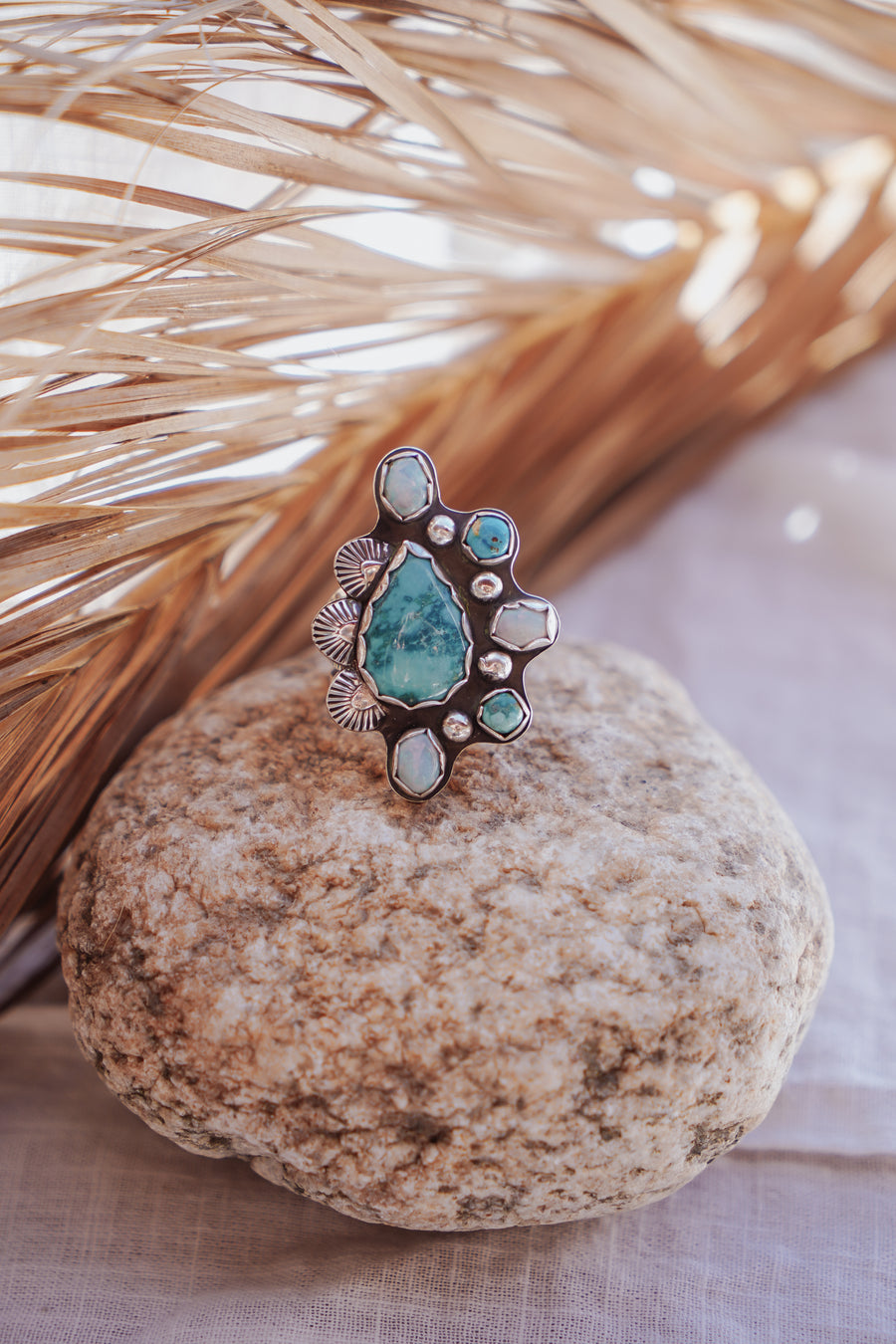 Cluster Ring in Hubei Turquoise & Sterling Opal (Size 8.5)