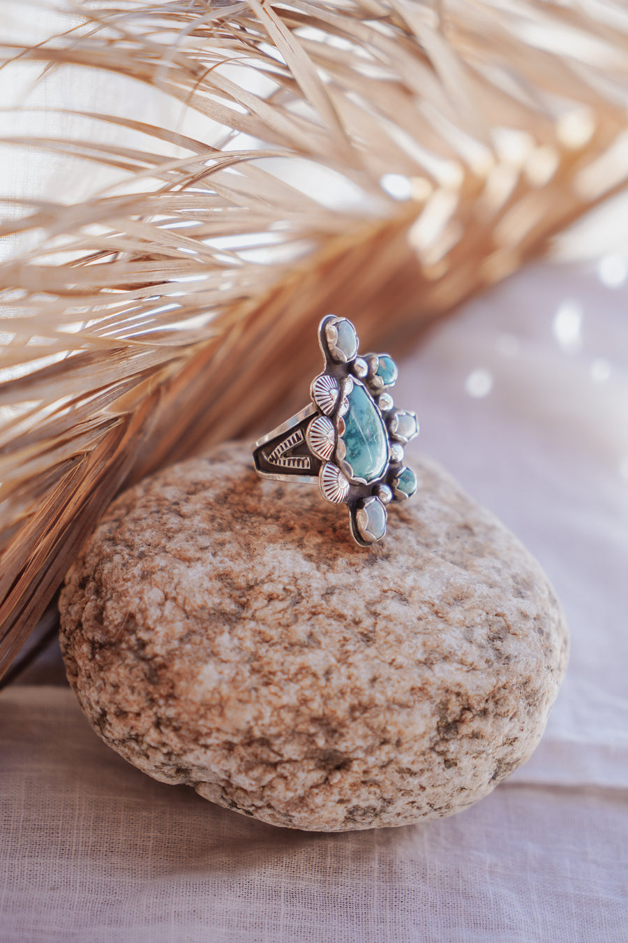 Cluster Ring in Hubei Turquoise & Sterling Opal (Size 8.5)